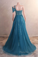 A-Line One Shoulder Tulle Beaded Long Formal Prom Dresses Elegant Evening Gown