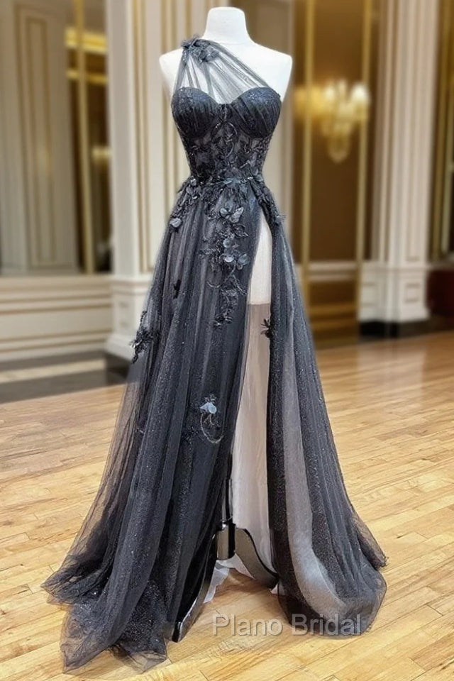 A-Line One Shoulder Tulle Black Long Formal Prom Dresses, Black Formal Evening Dresses Main image
