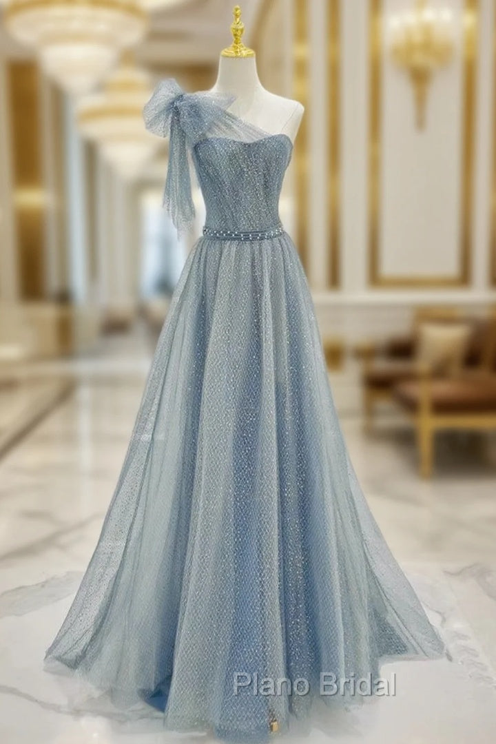 A-Line One Shoulder Tulle Sequin Gray Blue Long Formal Prom Dresses, Sequin Long Formal Dresses