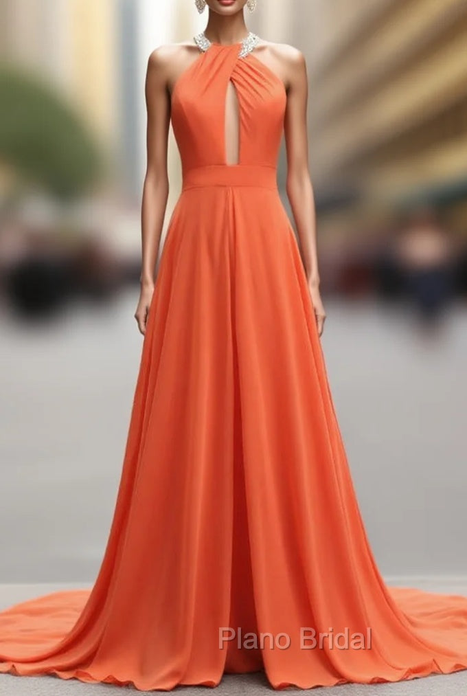 A-Line Orange Chiffon Halter Cut Out Backless Formal Prom Dresses Main image