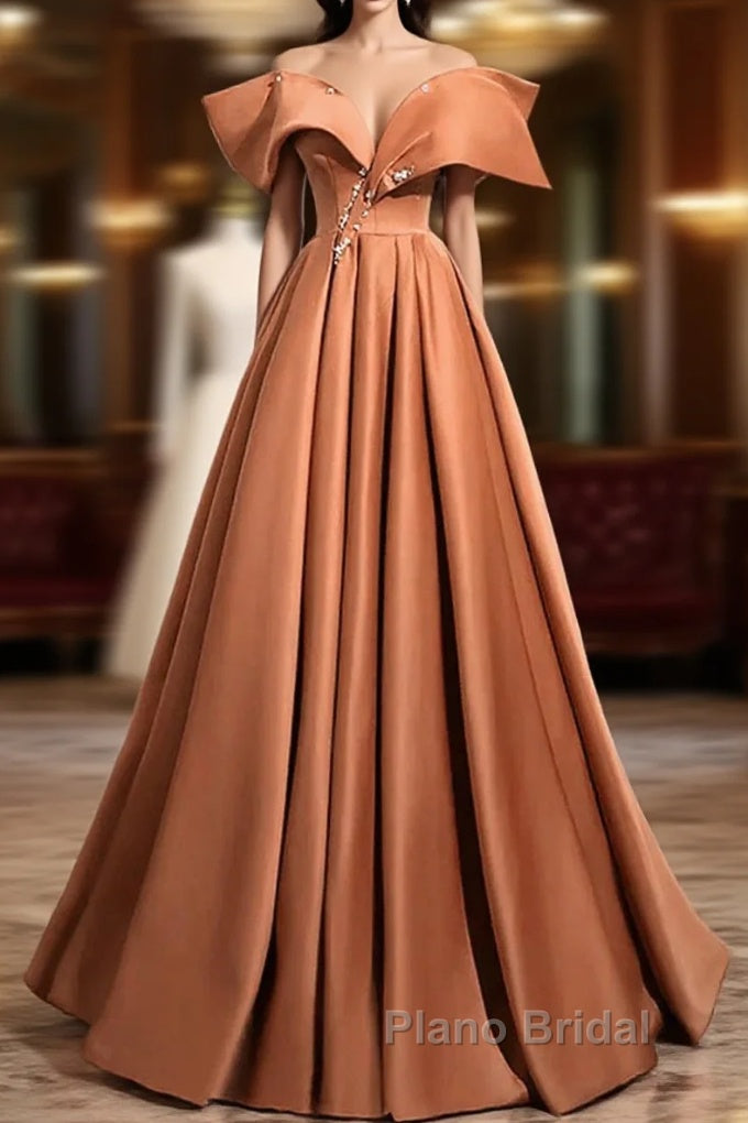 A-Line Orange Satin Beaded Sweetheart Formal Prom Dresses, Orange Long Evening Dresses