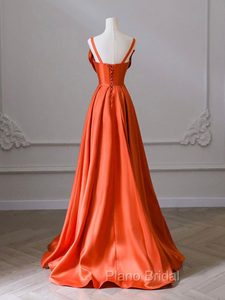 A-Line Orange Satin Long Formal Prom Dresses, Orange Long Evening Dresses