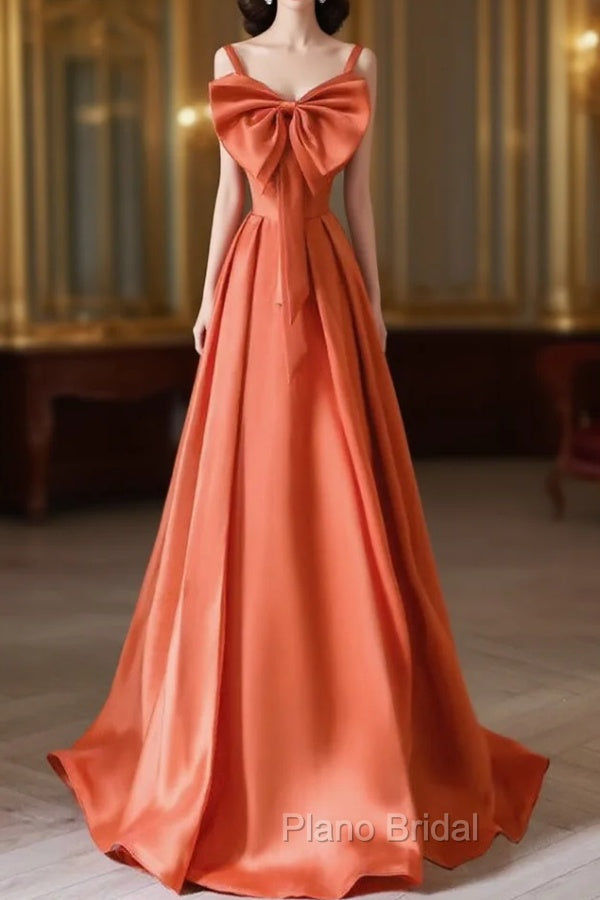 A-Line Orange Satin Long Formal Prom Dresses, Orange Long Evening Dresses Main image
