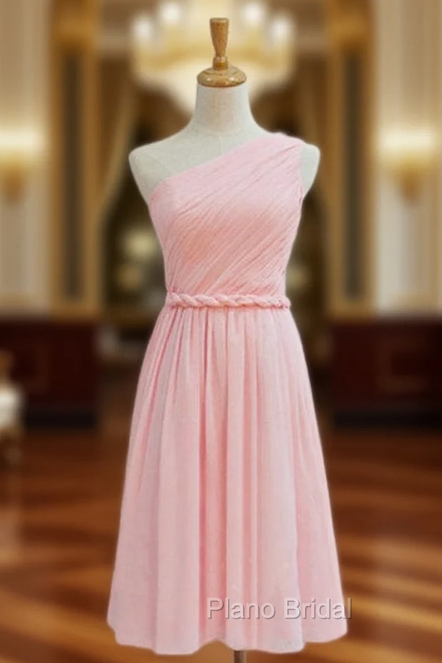 A-Line Pink Chiffon One Shoulder Pleats Short Bridesmaid Dresses Main image