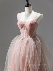A Line Pink Corset Long Tulle Formal Prom Dresses With Ruffles