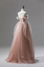 A Line Pink Corset Long Tulle Formal Prom Dresses With Ruffles