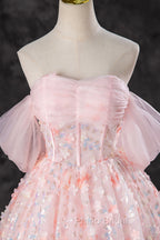 A-Line Pink Flowers Tulle Long Princess Dresses, Off the Shoulder Formal Evening Dresses