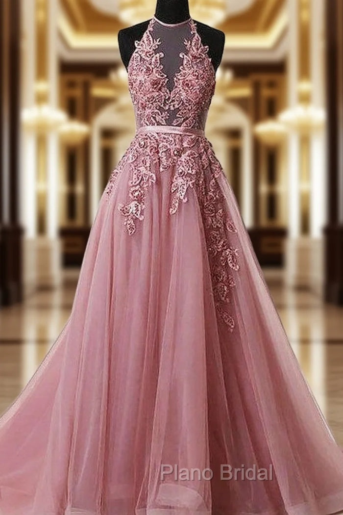 A-Line Pink Halter Sleeveless Applique Tulle Formal Prom Dresses Main image