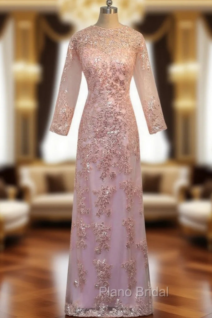 A-line Pink Lace Long Sleeves Appliques Mother Of The Bride Dresses