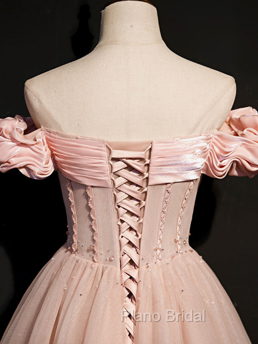 A line Pink Long Formal Prom Dresses, Pink Tulle Formal Graduation Dresses With Beading