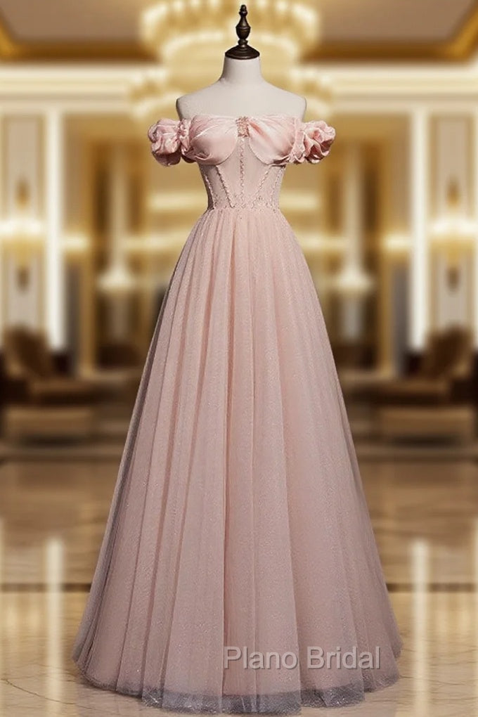 A line Pink Long Formal Prom Dresses, Pink Tulle Formal Graduation Dresses With Beading Main image