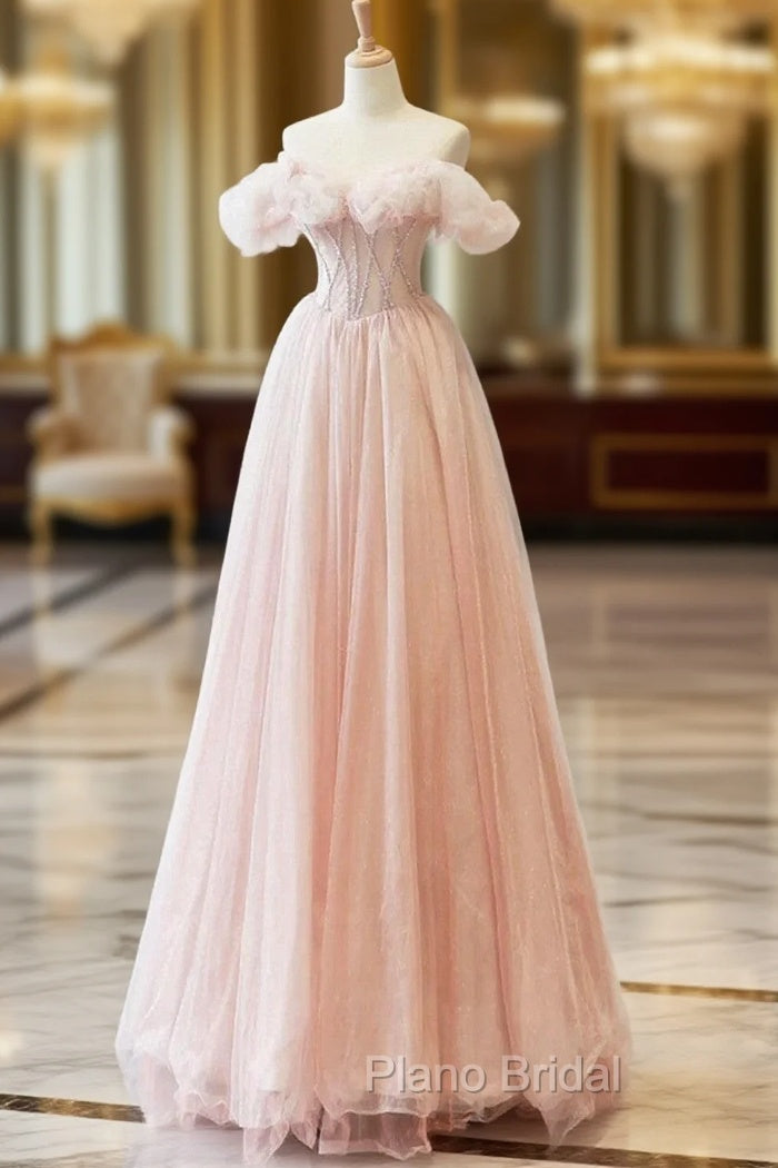A-line Pink Off Shoulder Beaded Sweetheart Party Dresses, Pink Tulle Formal Prom Dresses Main image