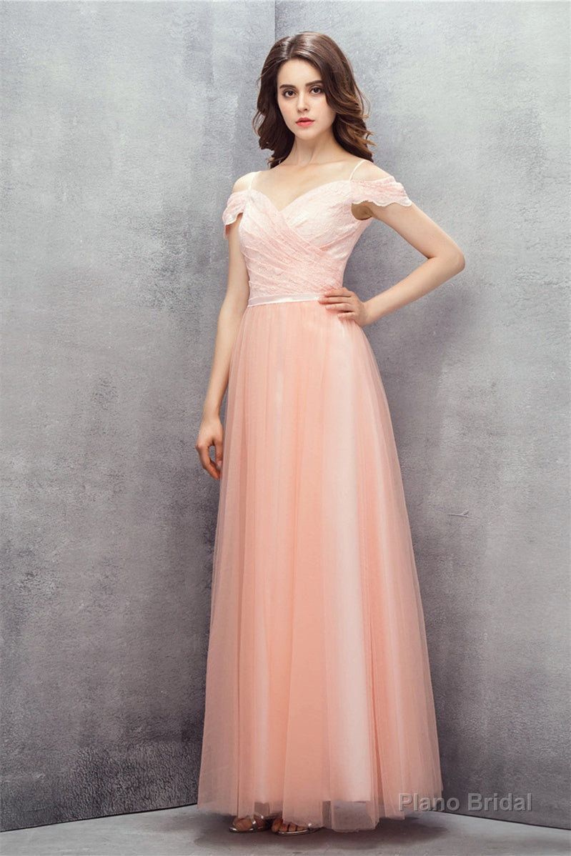 A-line Pink Off Shoulder Lace Prom Dresses Secondary image
