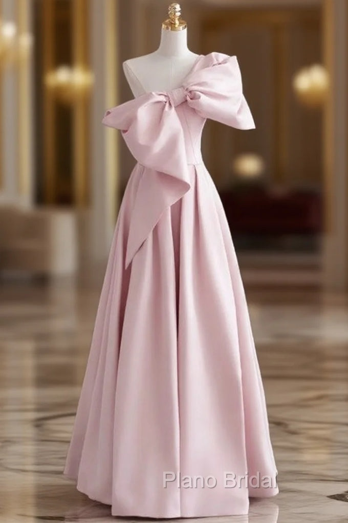 A-Line Pink One Shoulder Bow Formal Prom Dresses