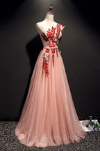 A Line Pink One Shoulder Tulle Red Applique Long Formal Prom Dresses Evening Dresses