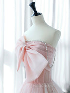 A-Line Pink Organza Long Formal Prom Dresses, Pink Long Formal Dresses
