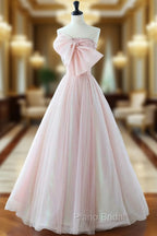 A-Line Pink Organza Long Formal Prom Dresses, Pink Long Formal Dresses