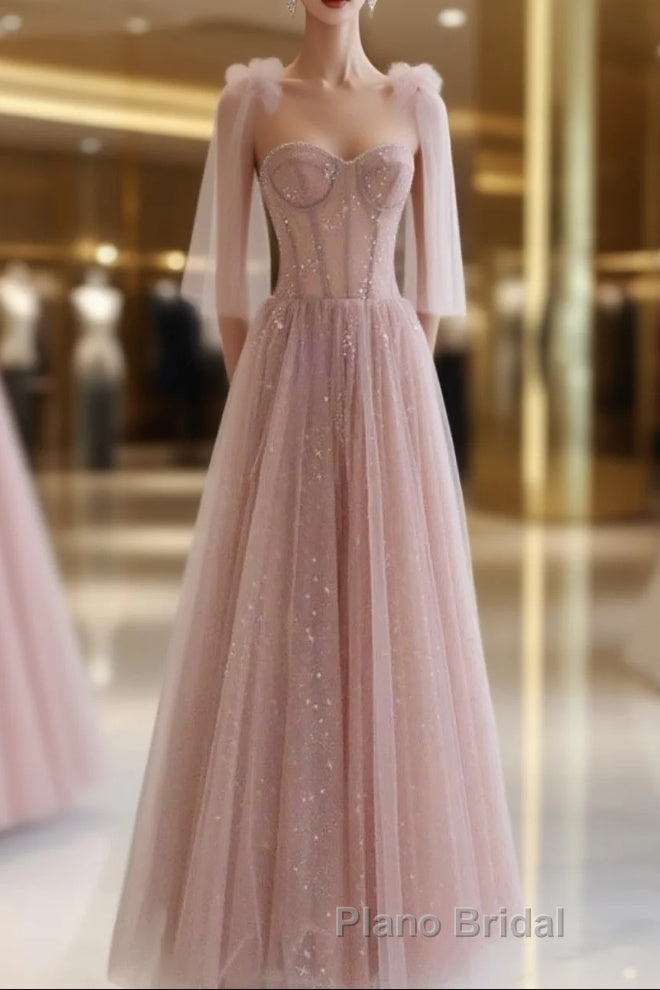 A-Line Pink Round Neck Tulle Long Formal Prom Dresses, Pink Formal Evening Dress Main image