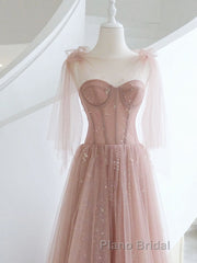 A-Line Pink Round Neck Tulle Long Formal Prom Dresses, Pink Formal Evening Dress