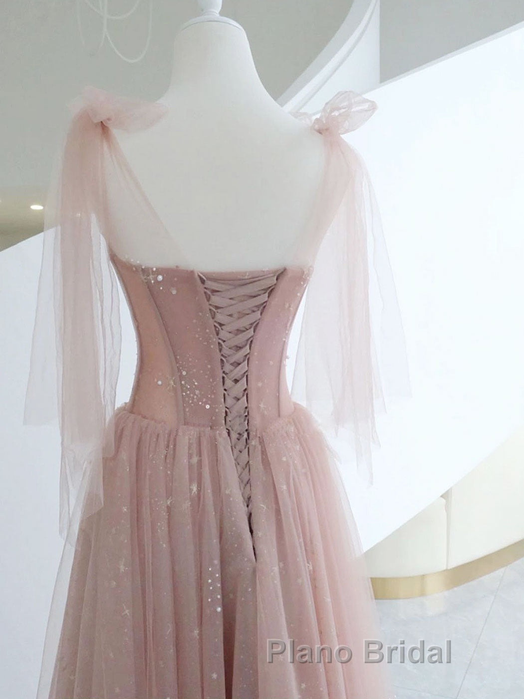A-Line Pink Round Neck Tulle Long Formal Prom Dresses, Pink Formal Evening Dress