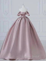 A-Line Pink Satin Long Off Shoulder Formal Prom Dresses Quinceanera Dresses Formal Dresses