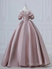 A-Line Pink Satin Long Off Shoulder Formal Prom Dresses Quinceanera Dresses Formal Dresses