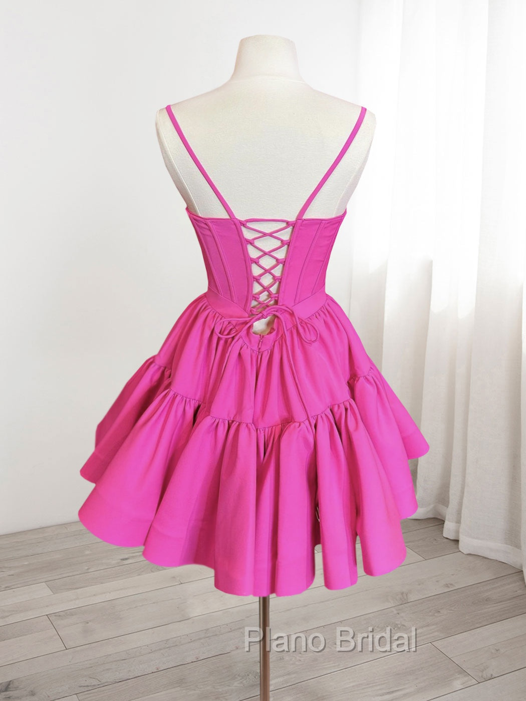 A-Line Pink Satin Short Formal Prom Dresses, Backless Cute Pink Homecoming Dresses