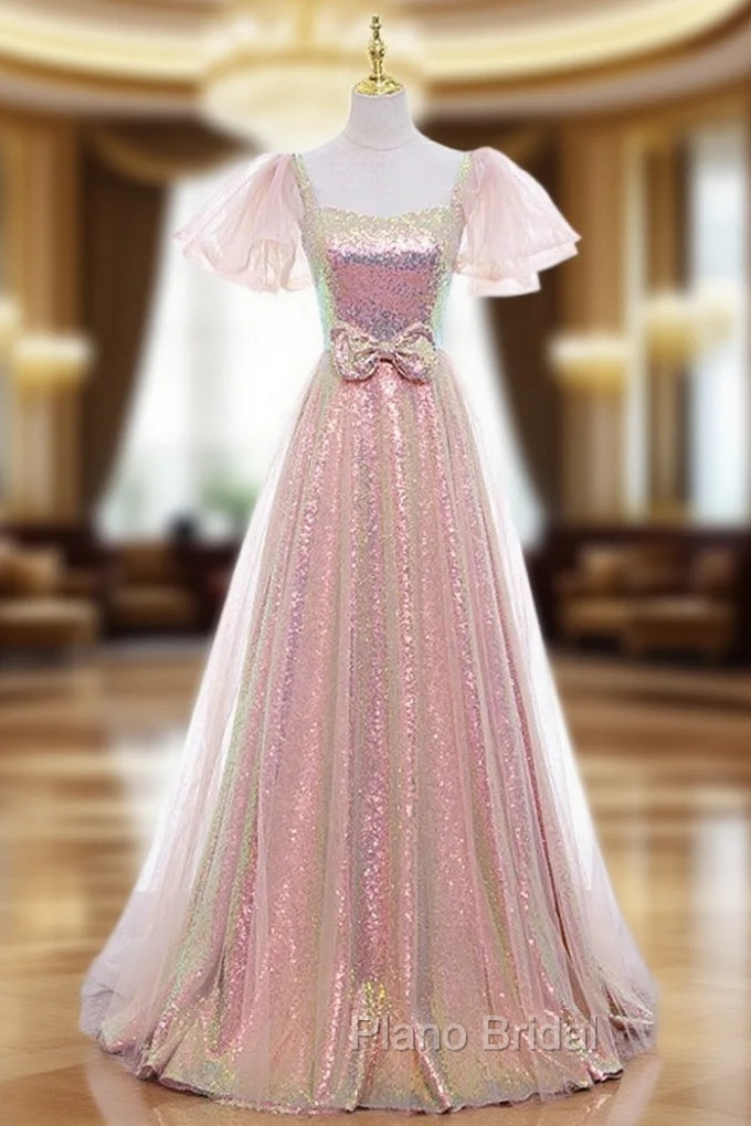 A-line Pink Sequins Puff Sleeve Formal Prom Dresses