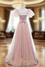 A-line Pink Sequins Puff Sleeve Formal Prom Dresses