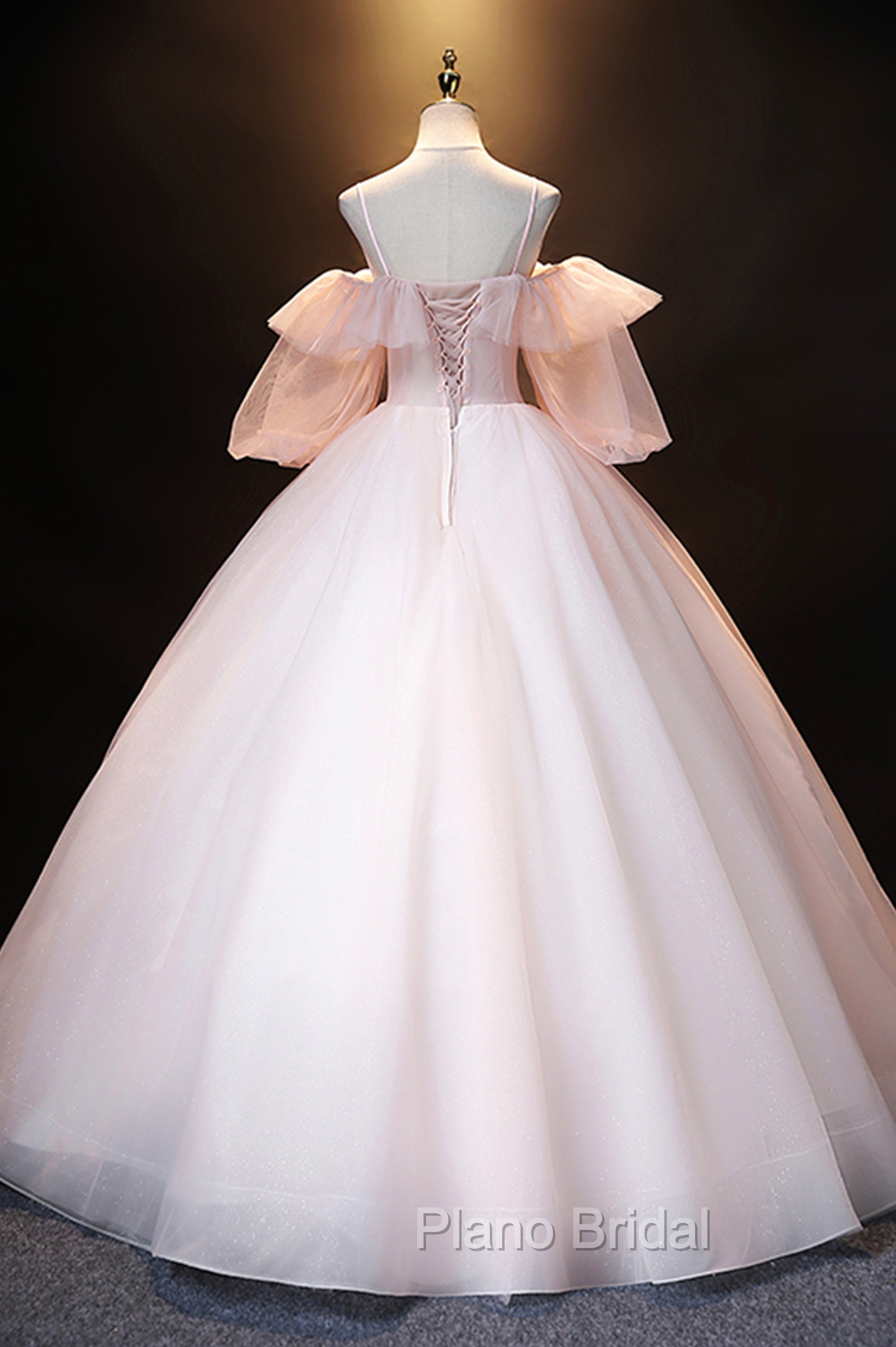 A-Line Pink Spaghetti Straps Long Formal Prom Dresses, Pink Lace Formal Evening Dresses