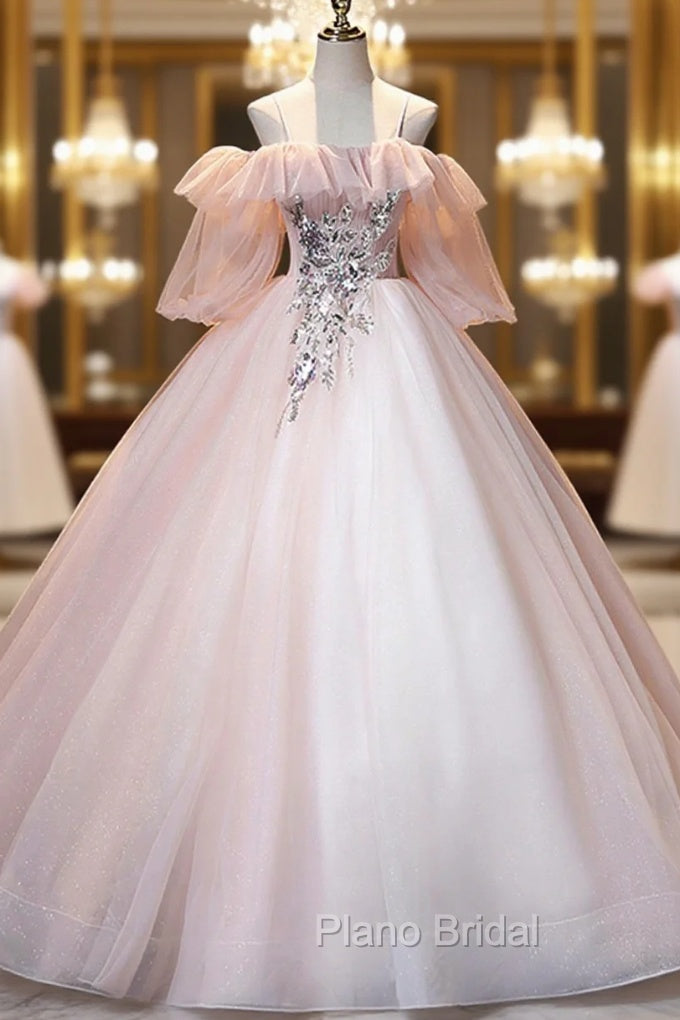 A-Line Pink Spaghetti Straps Long Formal Prom Dresses, Pink Lace Formal Evening Dresses Main image