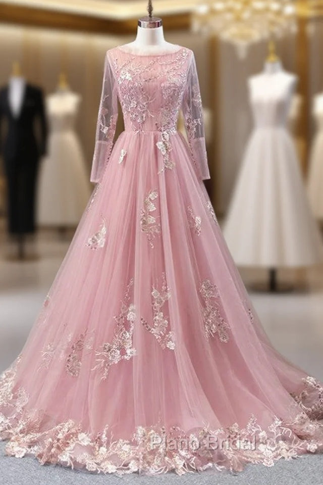 A-Line Pink Tulle Appliques Sequins Long Sleeve Formal Prom Dresses