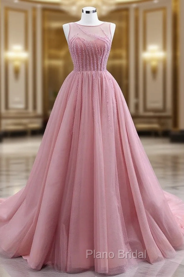 A-Line Pink Tulle Backless Beading Formal Prom Dresses Main image