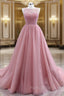 A-Line Pink Tulle Backless Beading Formal Prom Dresses