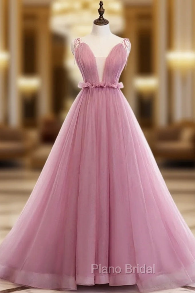 A-Line Pink Tulle Deep V-neck Backless Long Formal Prom Dresses Main image