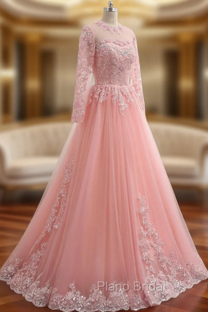 A-Line Pink Tulle Lace Appliques Long Sleeve Formal Prom Dresses Main image