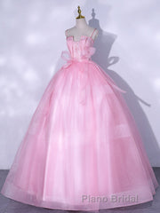 A-Line Pink Tulle Lace Long Formal Prom Dress, Pink Formal Dresses