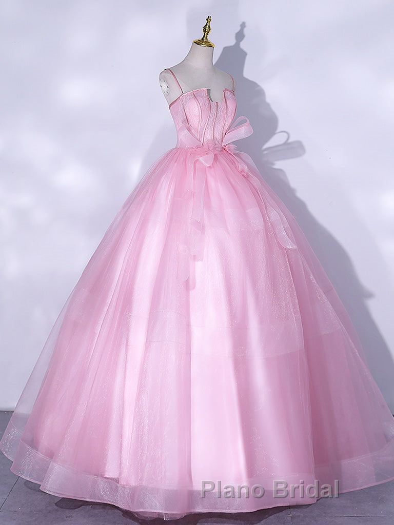 A-Line Pink Tulle Lace Long Formal Prom Dress, Pink Formal Dresses