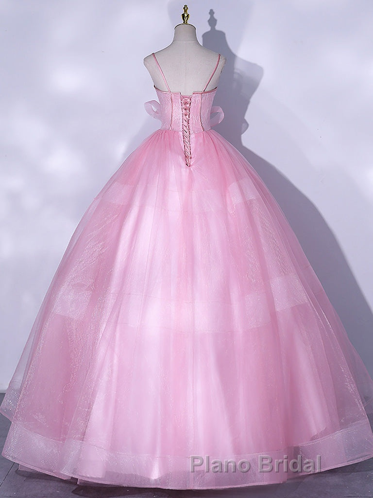 A-Line Pink Tulle Lace Long Formal Prom Dress, Pink Formal Dresses