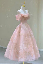 A Line Pink Tulle Lace Off The Shoulder Formal Prom Dresses, Formal Dresses