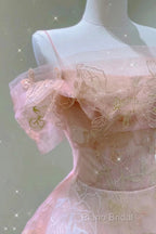 A Line Pink Tulle Lace Off The Shoulder Formal Prom Dresses, Formal Dresses