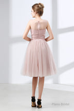 A-Line Pink Tulle Lace Pleats Knee Length Homecoming Dresses
