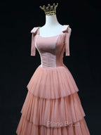 A Line Pink Tulle Long Formal Prom Dresses, Pink Formal Graduation Dresses