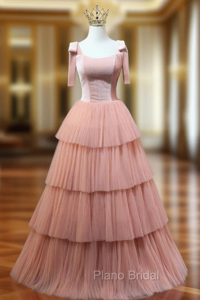 A Line Pink Tulle Long Formal Prom Dresses, Pink Formal Graduation Dresses Main image