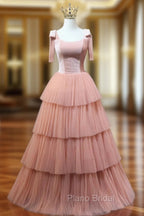 A Line Pink Tulle Long Formal Prom Dresses, Pink Formal Graduation Dresses