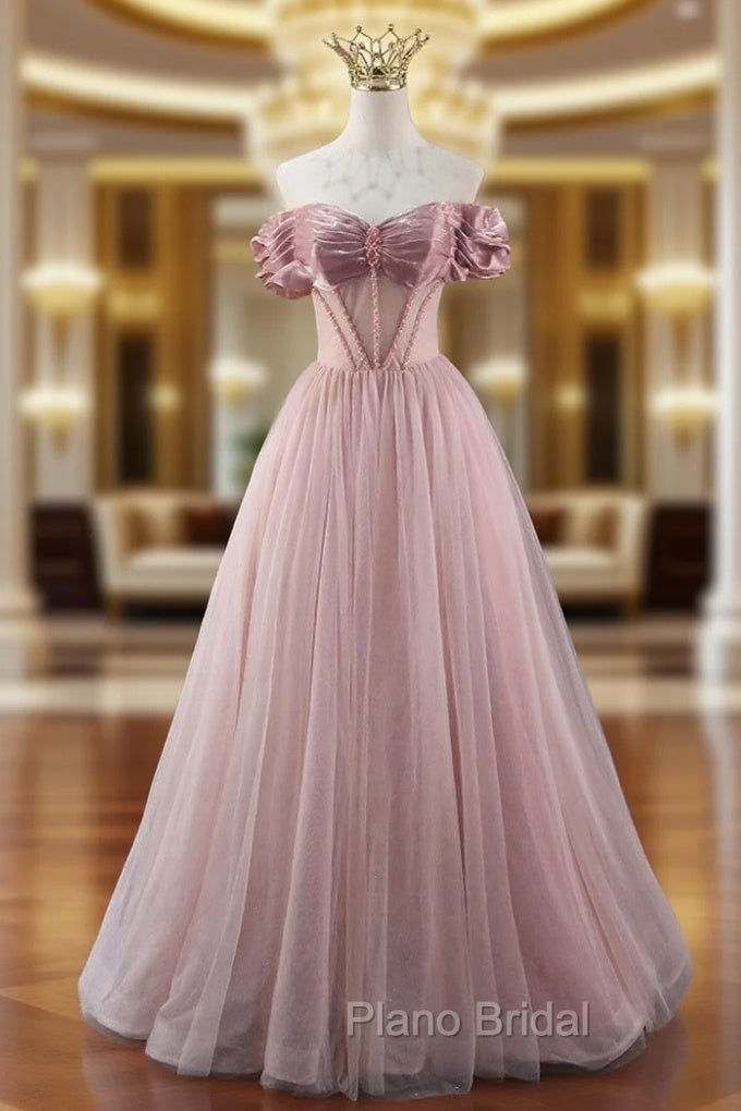 A-line Pink Tulle Off the Shoulder Beading Pleats Formal Prom Dresses