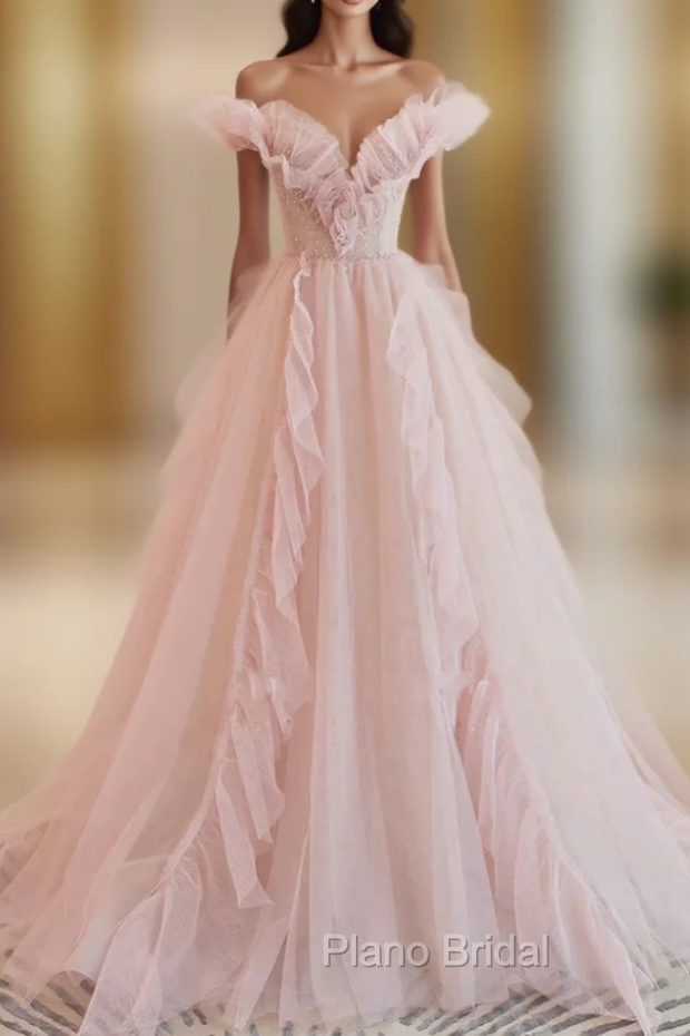A-line Pink Tulle Off the Shoulder Formal Prom Dresses Main image