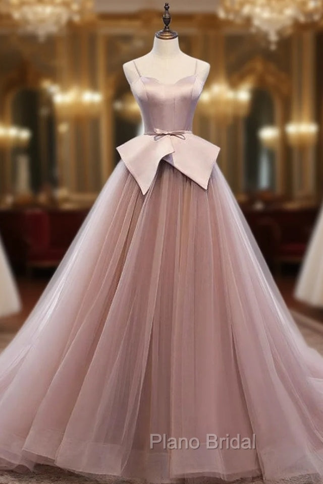 A-Line Pink Tulle Satin Spagehtti Straps Formal Prom Dresses Main image