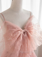 A-Line Pink Tulle Sequin Long Formal Prom Dresses, Pink Formal Evening Dresses