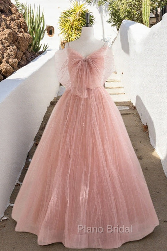 A-Line Pink Tulle Sequin Long Formal Prom Dresses, Pink Formal Evening Dresses